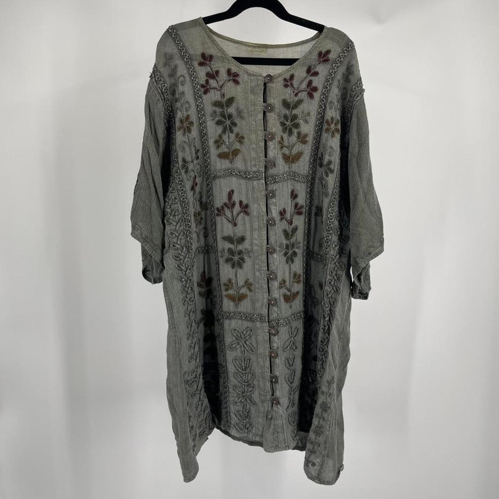 Boho Cottagecore Embroidered Tunic Dress Floral XL Lagenlook Summer Earthy Green